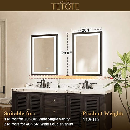 TETOTE 20x28 LED Mirror for Bathroom Black Metal Frame Frontlit & Backlit Lighted Vanity Mirror Baroque Anti Fog Stepless Dimmable White/Warm/Natural,CRI90+,Wall Mounted(Horizontal/Vertical)