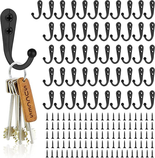 Coat Hooks-52 Pack Farmhouse Hooks with 104Pcs Screws, Black Decorative Rustic Coat Hooks Rack, Wall Mounted Single Prong Robe Hook, Vintage Organizer Hanging Wire Hook Clothes Hanger