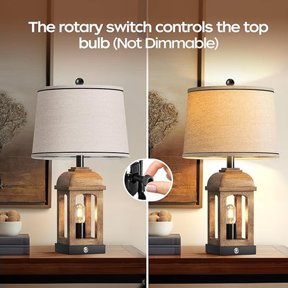 QiMH Table Lamp for Living Room, Farmhouse Lamps Set of 2 with USB A+C and Nightlight, 26" Rustic Bedside Lamps with 3-Way Dimmable Touch Control, Nightstand Lamp for Bedroom Decor, Wood Grain