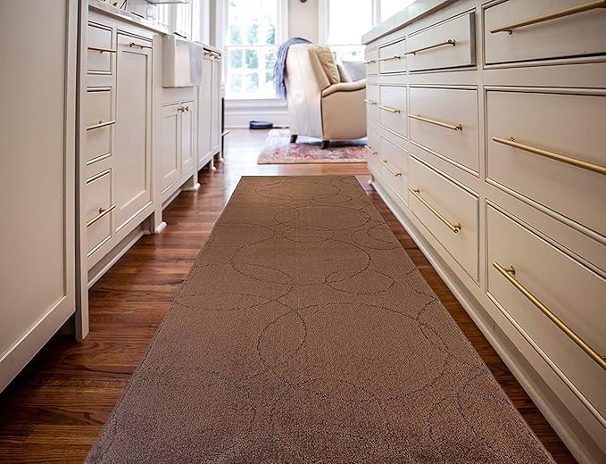 Custom Size Modern Geometric Pattern Carpet Runner Rug for Hallways, Slip Resistant Latex Rubber Backed, 31 inch Wide X Customized Length, Circles Brown, 31 inch X 16 feet