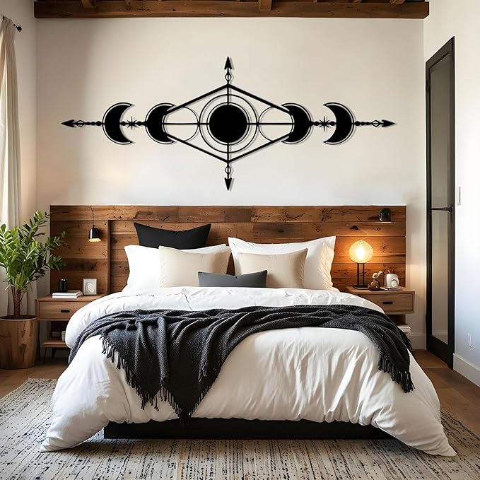 Hfrolixit Moon Phase Metal Wall Decor, Boho Moon Metal Wall Art, Celestial Wall Decor, Scandinavian Natural Wall Art, Astrology Wall Hanging (Black, 59"x24"/150x60cm)