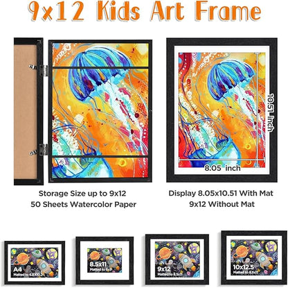 KINLINK 9x12 Kids Art Frames Set of 2, Solid Wood Kids Artwork Frames Changeable with Acrylic Front Opening Holds 150 Pictures, Art Frame for Kids Artwork with Mat or without Mat, Black