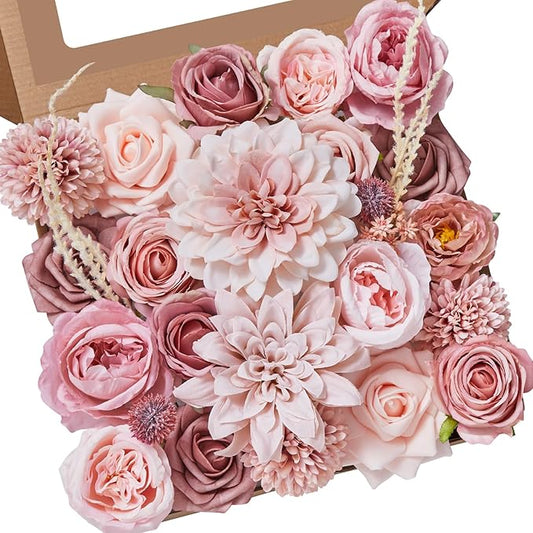Alecono Artificial Flowers, Dusty Pink Silk Fake Flowers for DIY Wedding Bridal Bouquets, 𝙎𝙚𝙩 𝙤𝙛 𝟮, Wedding Cake Flowers for Table Centerpieces Baby Shower Birthday Party Home Decorations