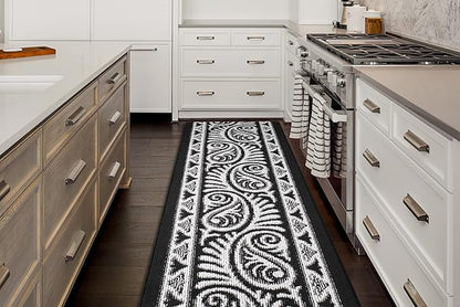 Custom Length Cut to Size Tribal Ethnic Southwestern Inspired Hallway Runner Rug, Non Slip Rubber Backed, 31 inch Wide X Customized Length, Mayan Black, 31 inch X 32 feet