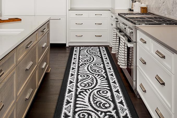 Custom Length Cut to Size Tribal Ethnic Southwestern Inspired Hallway Runner Rug, Non Slip Rubber Backed, 31 inch Wide X Customized Length, Mayan Black, 31 inch X 3 feet, Doormat Size