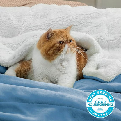 Bedsure GentleSoft Sherpa Fleece Blankets King Size for Bed - Thick and Warm, Soft Fuzzy Plush King Blanket for Winter, Washed Blue, 108x90 Inches