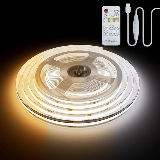 PAUTIX 5V USB CCT Tunable COB LED Strip Lights 6.56ft/2m,1280LEDs 1200lm 2700K-6500K Dimmable CRI85+ with RF Remote TV Backlight,Flexible Under Cabinet Tape Light for Bedroom,Kitchen,Home DIY Lighting