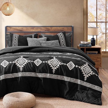 MaiRêve Embroidery Full Size Comforter Set Black, Farmhouse Western Boho Bedding Set 7 Pieces, All Season Bed in A Bag Comforter Set with Sheets, Pillowcases & Shams