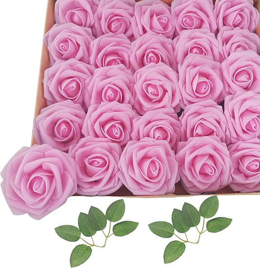 Artificial Flowers 25pcs Fake Roses, Rose Pink Foam Faux Flower for DIY Wedding Bouquets Bridal Shower Centerpieces Floral Arrangements Home Decorations Party Backdrops Table