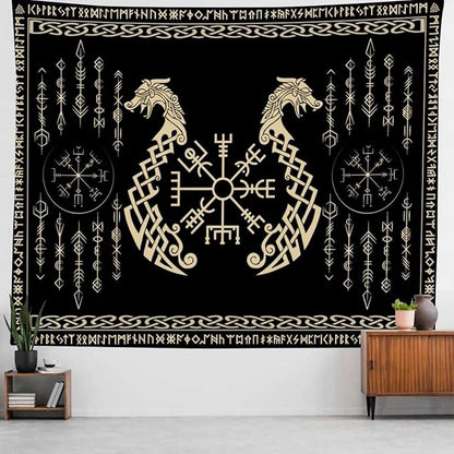 OSUNBD Nordic Vikings Tapestry, Large 10090 inches Soft Flannel, Vegvsir Symbol Twins Dragons Celtic Rune Scandinavian Aesthetic Mythology Tapestry Wall Hanging for Bedroom Living Room Decor