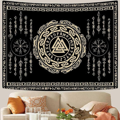 OSUNBD Nordic Viking Tapestry Wall Hanging - Large 100x90 inches Soft Flannel with Valknut, Celtic Runes & Norse Mythology Scandinavian for Bedroom, Living Room Decor