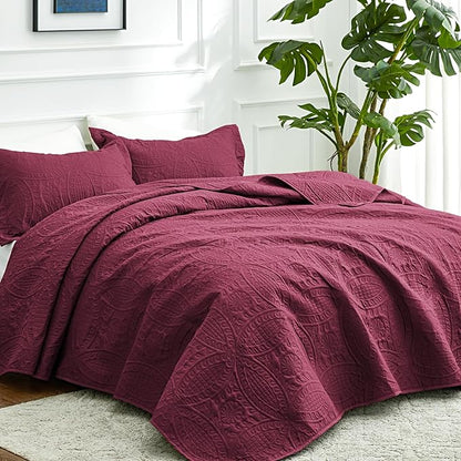 Love's cabin Quilts for Full Bed Burgundy Bedspreads Bedding Set - Lightweight Bedspread Comforter - Coin Pattern Bedding Coverlet for All Season - 3 Pieces (1 Quilt, 2 Pillow Shams)