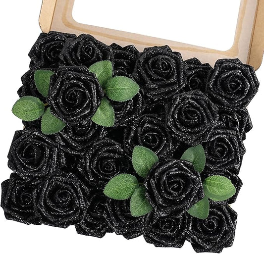 MACTING 30PCS Artificial Flowers Real Touch Foam Roses with Stem Black Fake Glitter Flowers for DIY Wedding Bouquet Table Centerpieces Party Holiday Wreath Home Spring Mothers Day Decor