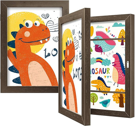 BAIJIALI Brown Art Frames for Kids Artwork - Front Opening Holds 150 Drawings, 3D Crafts - 2 Packs 8.5x11 with mat or 9x12 without Mat