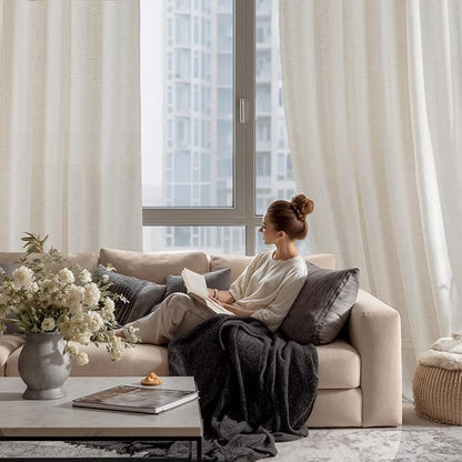 RYB HOME Ivory Sheer Curtains for Living Room, Linen Blend Filter Sunlight Glare Vertical Luxury for Bedroom Dining Office Window, Rod Pocket & Back Tab, W52 x L90, 2 Panels