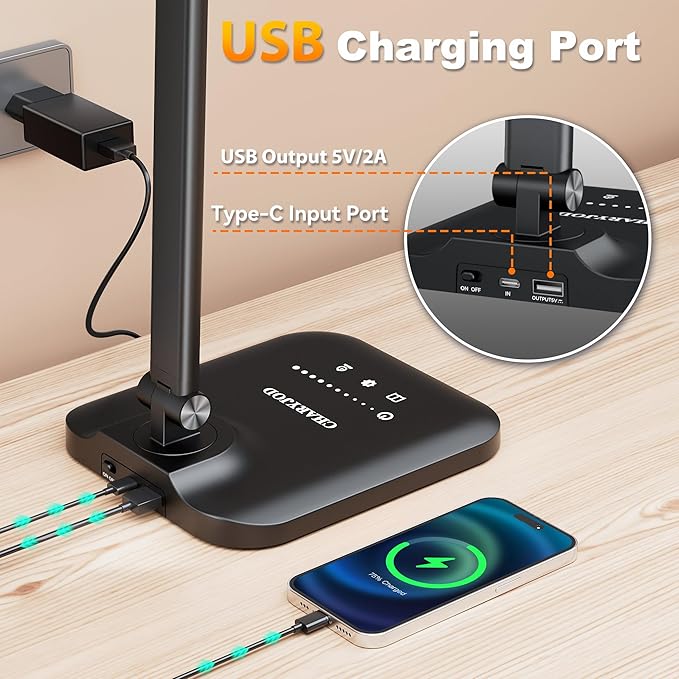 LED Desk Lamp for Office Home, Height Adjustable Architect Desk Light with USB Adapter, Stepless Dimming Table Lamp Light for Reading, Study, Workbench