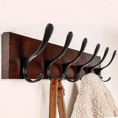 SKOLOO Coat Rack Wall Mount - Wooden Brown Wall Coat Hook, Wall Coat Hanger Rack with 6 Hooks for Hanging Coats, Hats, Clothing, Scarfs, Brown & Black
