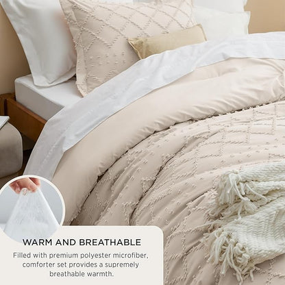 Bedsure Queen Comforter Set - Beige Comforter, Boho Tufted Shabby Chic Bedding for Kids, 3 Pieces Vintage Farmhouse Bed Set for All Seasons, Fluffy Soft Bedding with 2 Pillow Shams