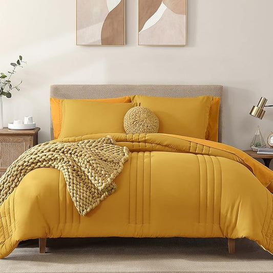 Monbix King Size Comforter Set - 7 Pieces Bed in a Bag King, Bright Yellow Bedding Sets with Comforter, All Seasons Down Alternative Comforter Bed Set with Sheets, Pillowcases & Shams