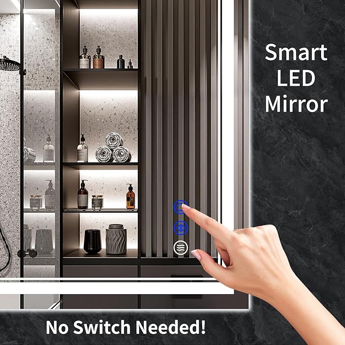 38"x26" LED Bathroom Mirror with Anti-Fog, Stepless Dimmable Lights, 3 Color Modes, Shatter-Proof Tempered Glass, Memory Function & Waterproof Design