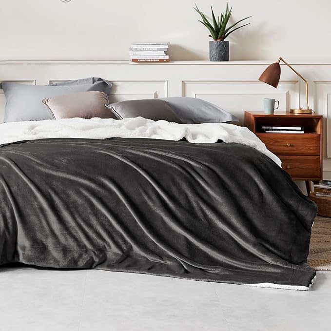Bedsure GentleSoft Sherpa Fleece Blankets Queen Size for Bed - Thick and Warm Throw for Women and Men, Soft Fuzzy Plush Queen Blanket for Winter, Charcoal, 90x90 Inches