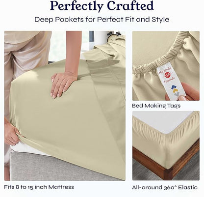 California Design Den Split King Sheets Sets for Adjustable Bed - Soft 400 Thread Count Sateen Natural 100% Cotton Sheets, Deep Pockets, Breathable, Cooling & Durable Bedding Set - Beige (Golden Tone)
