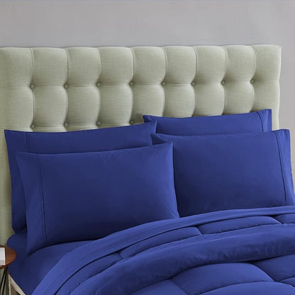 Sweet Home Collection 7 Piece Comforter Set Bag Solid Color All Season Soft Down Alternative Blanket & Luxurious Microfiber Bed Sheets, Royal Blue, Twin XL (Pack of 4)