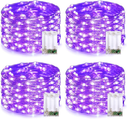 JMEXSUSS 4 Pack 50 LED Halloween Fairy Lights Battery Operated, 16.1ft Purple String Lights, Mini Christmas Lights Indoor Outdoor Waterproof for Bedroom Party Halloween Christmas Decorations