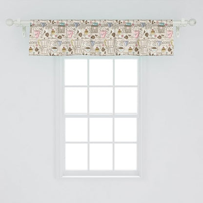 Ambesonne Modern Window Valance Pack of 2, Coffee Time Vintage Espresso Machine Cupcakes Beans Design, Rod Pocket Curtain Valances for Kitchen Bedroom, 54" X 12", Pale Pink Beige