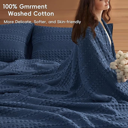 PHF 100% Cotton Waffle Blanket Oversized King 120"x120", Lightweight Breathable Extra Large 10'x10' Blankets for Bed, Giant Big Luxury Aesthetic Woven Bedding for Home Decor, Blue Sapphire