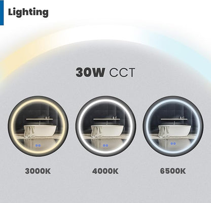 Round LED Bathroom Mirror with Lights, Front Lit Makeup Mirror, Anti-Fog, 3 Colors and Dimmable Light, 36 Inchs Black