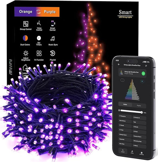 Brizled Smart Halloween Lights, 300 LED 98FT Orange & Purple Color Changing String Lights APP & Voice Control, Music Sync, Dimmable Ghostfire Flow Light for Outdoor Indoor Halloween Thanksgiving Decor