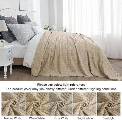 PHF 100% Cotton Waffle Weave Blanket Twin Size for Bed,Snag Proof Lightweight Breathable Throw for Couch,Great for Layering in Cold Weather,Machine Washable,Home Decor Gift-Khaki/Simply Taupe