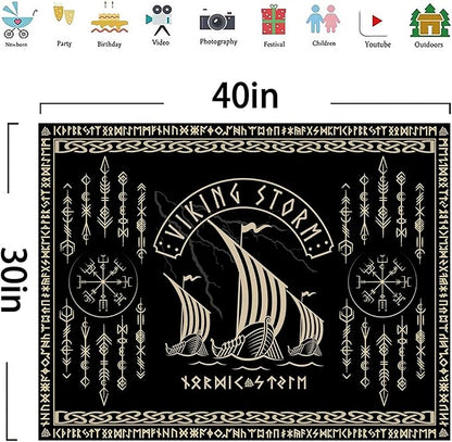 OSUNBD Viking Warship Tapestry Wall Hanging - Small 40x30inches Storm & Celtic Runes on Soft Flannel Aesthetic Mythology Tapestries Norse Mythology Art for Bedroom, Living Room Decor