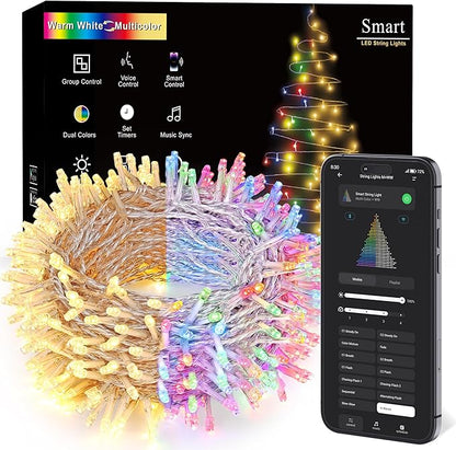 BrizLabs Smart Christmas Lights, 115FT 300 LED Fairy String Lights with App/Voice Control, Warm White & Multicolor Color Changing Christmas Tree Light Dimmable Xmas Light for Outdoor Indoor Xmas Decor