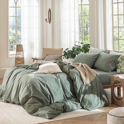 MooMee Bedding Duvet Cover Set 100% Washed Cotton Linen Like Textured Breathable Durable Soft Comfy (Heathered Green, Super King 108"x98")