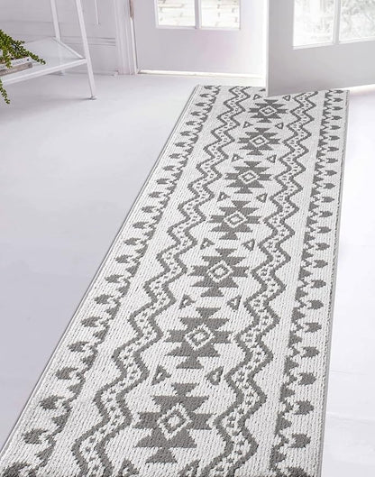 Custom Size Southwestern Style Runner Rug Mat for Wide Hallway Entryway Kitchen Laundry Room with Slip Resistant Latex Rubber Backing, Aztec Light Grey, 31 inch X 10 feet