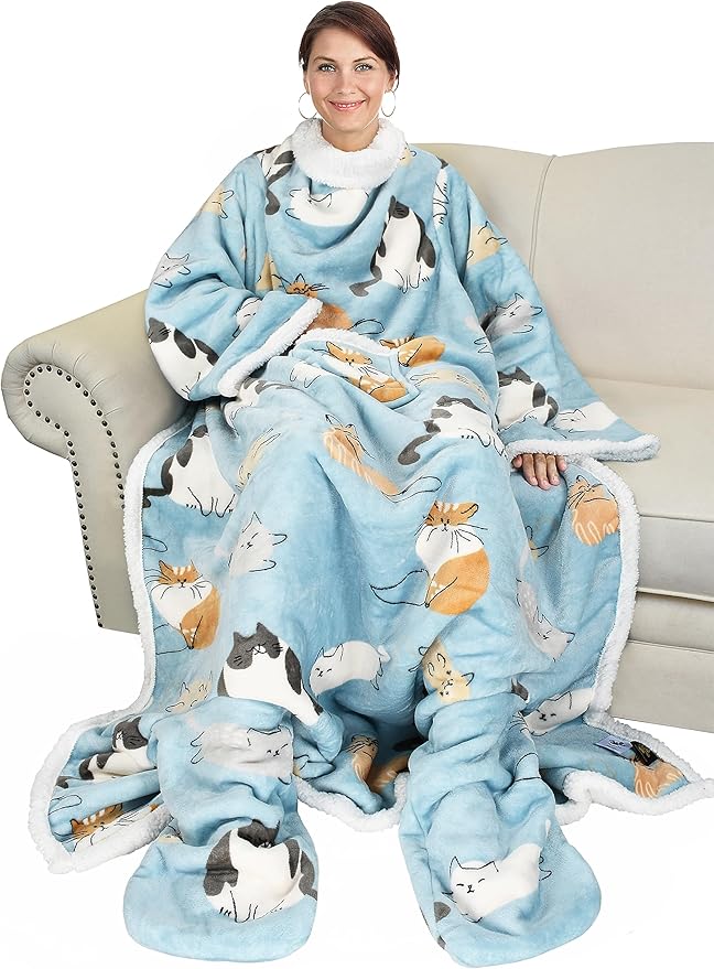 Catalonia Sherpa Wearable Blanket with Sleeves & Foot Pockets for Adult Women Men, Comfy Snuggly Wrap Sleeved Throw Blanket Robe, Gift Idea, Grey