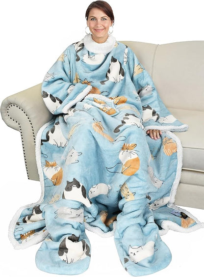 Catalonia Sherpa Wearable Blanket with Sleeves & Foot Pockets for Adult Women Men, Comfy Snuggly Wrap Sleeved Throw Blanket Robe, Gift Idea, Grey