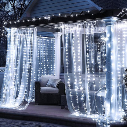 FUNPENY Window Curtain String Lights, 300 LED 8 Lighting Modes Fairy Lights USB Powered, Waterproof Lights for Christmas Bedroom Party Wedding Home Garden Wall Decorations (White)