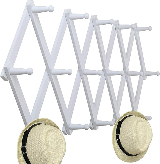 WEBI Accordion Wall Hanger,Expandable Wooden Coat Rack Wall Mounted,Accordion Hat Rack for Wall Rack for Hats,Caps,16 Peg Hooks,White