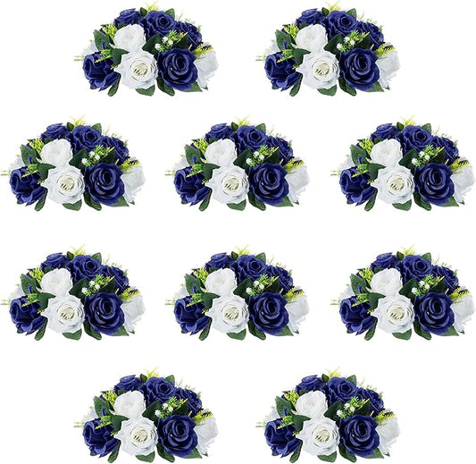 10Pcs Fake Flower Ball Arrangement Bouquet, 9.5" 15 Heads Plastic Roses with Base,Suitable for Parties Valentine's Day Wedding Centerpiece Flower Rack and Home Décor (Navy Blue & White)