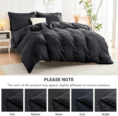 HYMOKEGE Black King Size Comforter Set Seersucker 7 Pieces, All Season Luxury Bed in a Bag for Bedroom, Bedding Set with Comforters, Sheets, Pillowcases & Shams