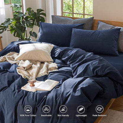 MooMee Bedding Duvet Cover Set 100% Washed Cotton Linen Like Textured Breathable Durable Soft Comfy (Solid Navy, Queen 90"x90")