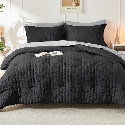 HYMOKEGE Black/Light Grey Twin XL Comforter Set Seersucker 5 Pieces, All Season Luxury Bed in a Bag for Bedroom, Bedding Set with Comforter, Sheets, Pillowcase & Sham