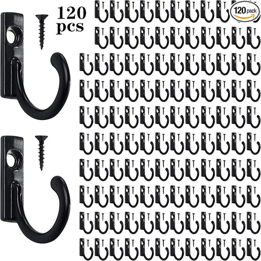 Coat Hooks-120 Pack Farmhouse Hooks with 120Pcs Metal Screws, Black Decorative Rustic Coat Hooks Rack, Wall Mounted Single Prong Robe Hook, Vintage Organizer Hanging Wire Hook Key Hooks