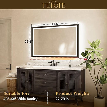 TETOTE 48x30 LED Bathroom Mirror with Lights Gold Metal Framed Front & Back Light Vanity Mirror Baroque Antifog Stepless Dimmable White/Warm/Natural,CRI90+,Waterproof,Wall Mounted(Horizontal/Vertical)