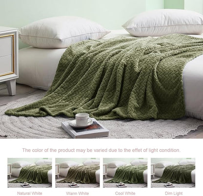 Exclusivo Mezcla Fleece Queen Size Blanket for Bed, 90x90 Inches Soft Cozy Jacquard Flannel Blankets, Lightweight Fuzzy Plush Warm for Winter, Olive Green