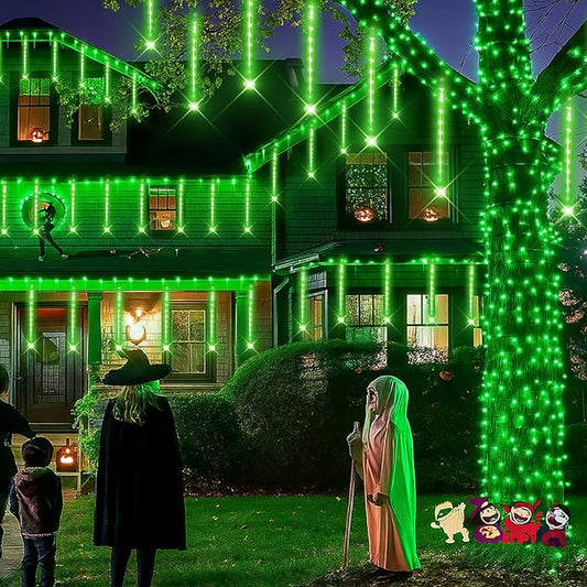 Kwaiffeo Green Icicle Lights, 16 Tubes Meteor Shower Lights(Equivalent to 2 Sets of 8-Tube) for Halloween Christmas Decorations Outdoor, Green Light for Xmas St. Patrick's Day Alien Decor, UL Plug