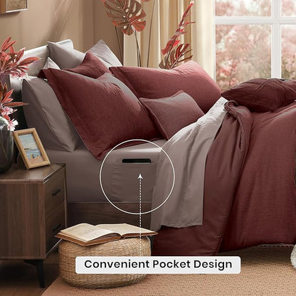 Monbix Full Size Comforter Set, Dark Red Bedding Comforter for Full Size Bed Set Reversible, Bedding Sets Full 7 Pieces, Cationic Dyeing Bed in a Bag with Comforter, Sheets, Pillowcases & Shams